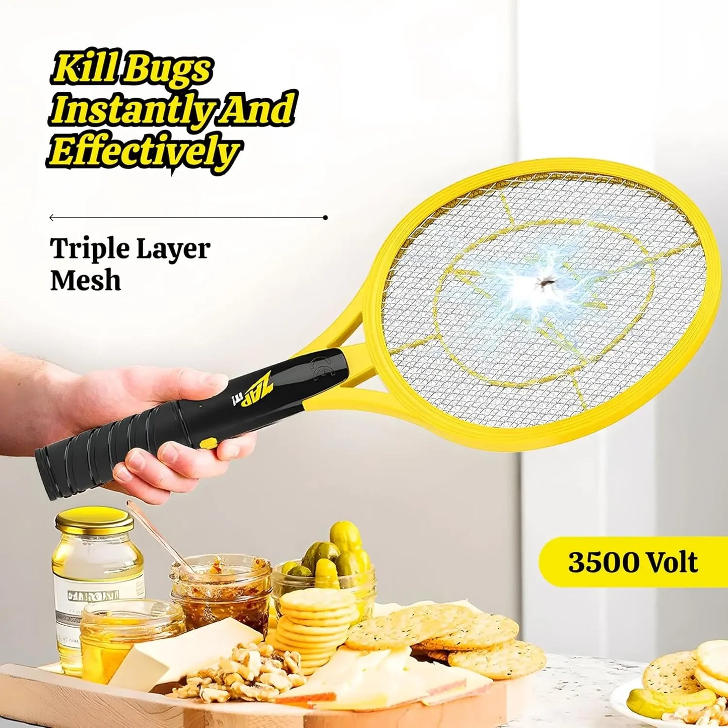 Electric Fly Swatter Racket 3500V Bug Zapper Battery Powered