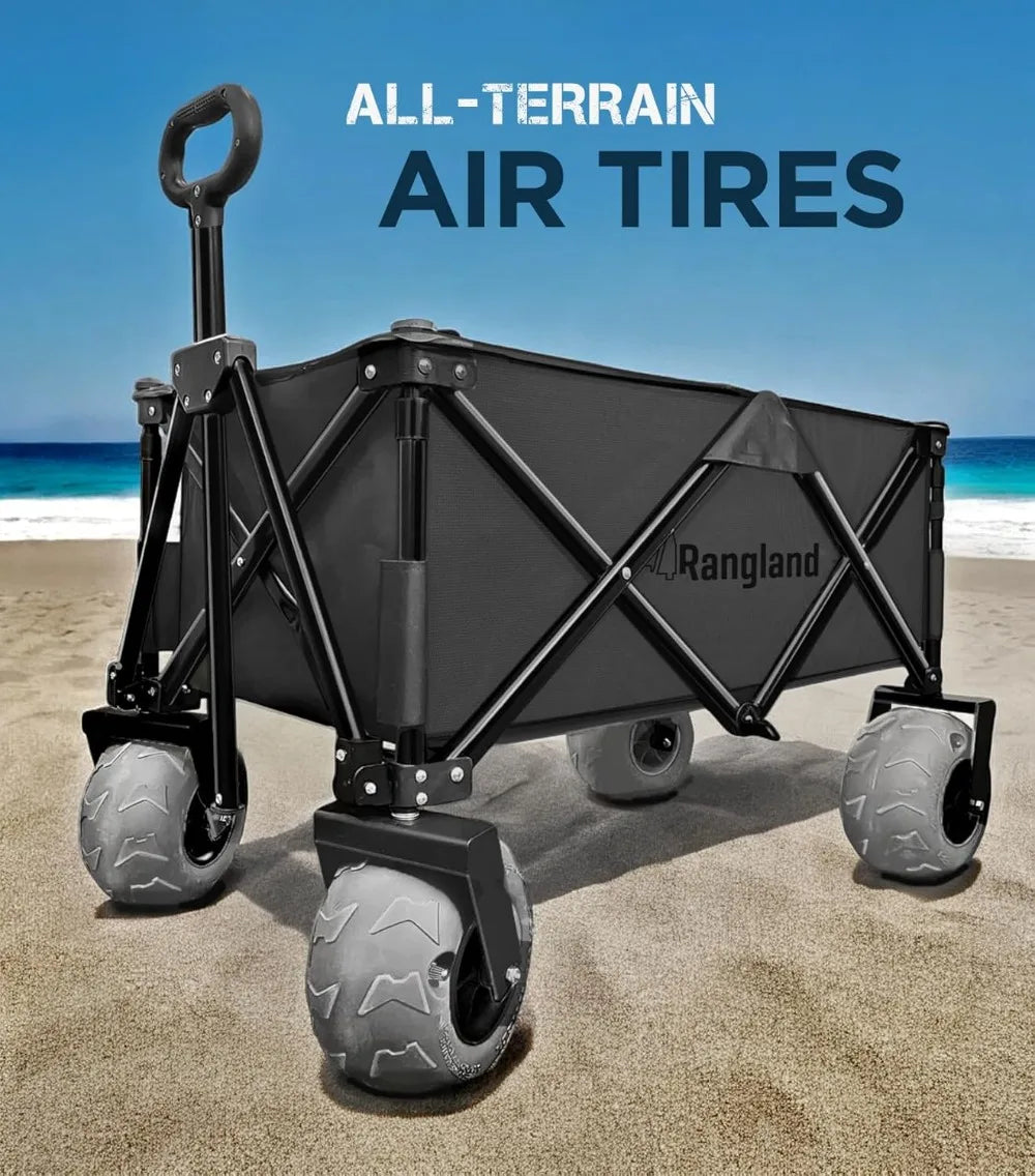 Beach Cart Big Air Wheels Sand Wagon Large Tires Folding Heavy Duty Steel Frame Black