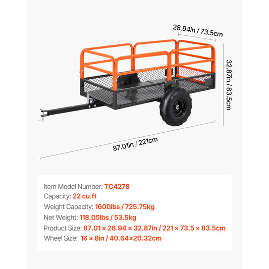 SucceBuy Garden Utility Trailer 22Cu.Ft.&1600lbs ATV UTV Trailer Tow Behind Steel Dump Removable Rear Panel Heavy Duty Trailers