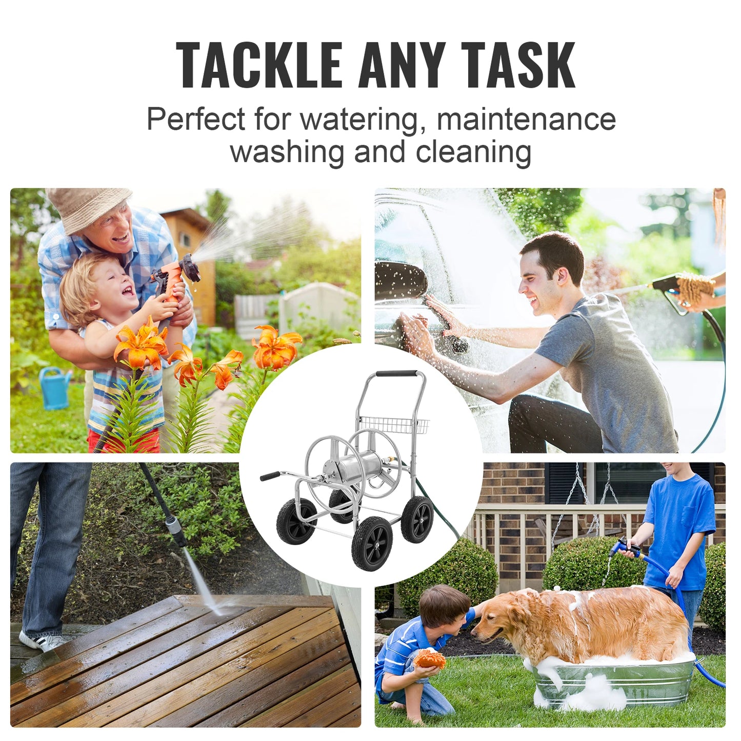 SucceBuy Hose Reel Cart Heavy Duty Garden Water Hose Reel With Basket