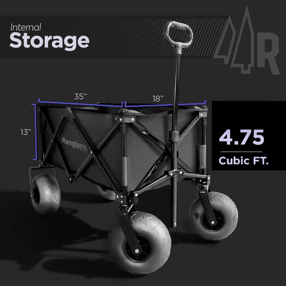 Beach Cart Big Air Wheels Sand Wagon Large Tires Folding Heavy Duty Steel Frame Black