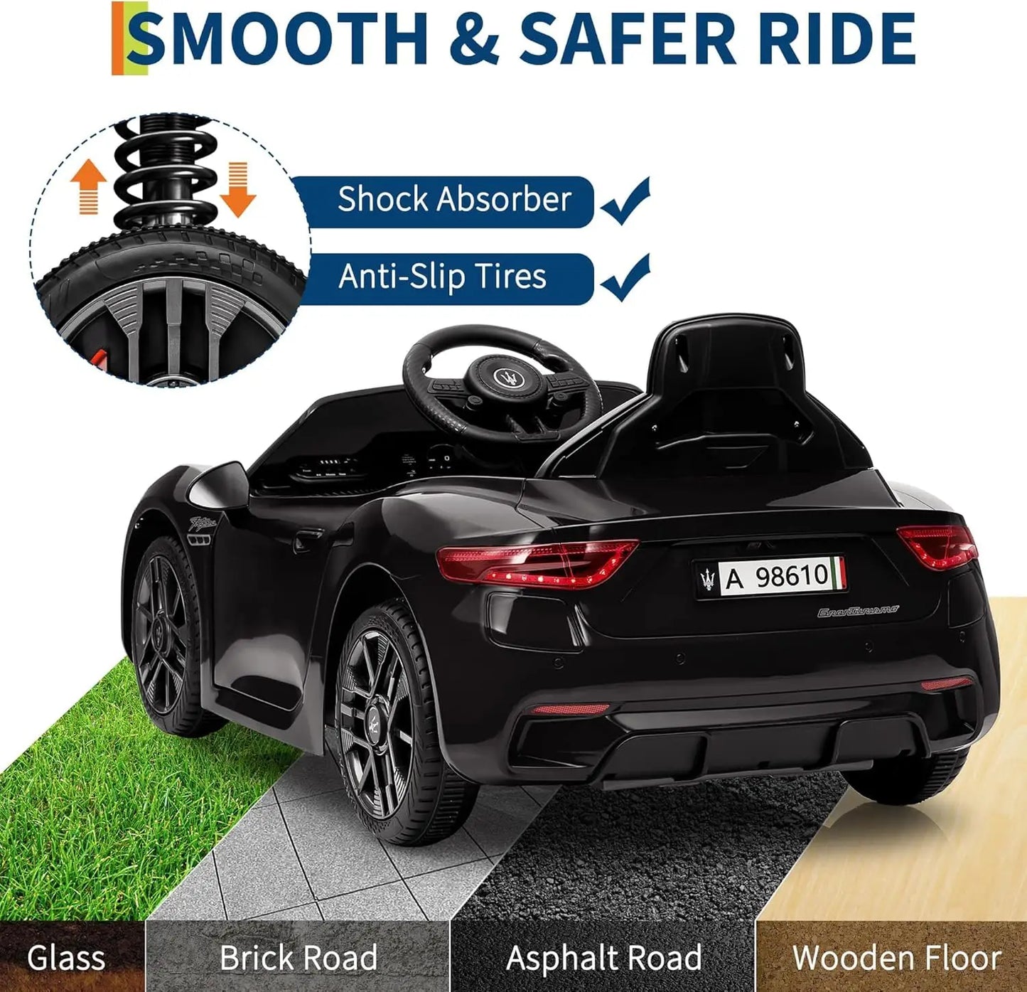 Toddlers Ride On Car Toy 12V Powered for Children with Remote Control Spring Suspension Bright Lights 4 Wheel Electric Vehicle