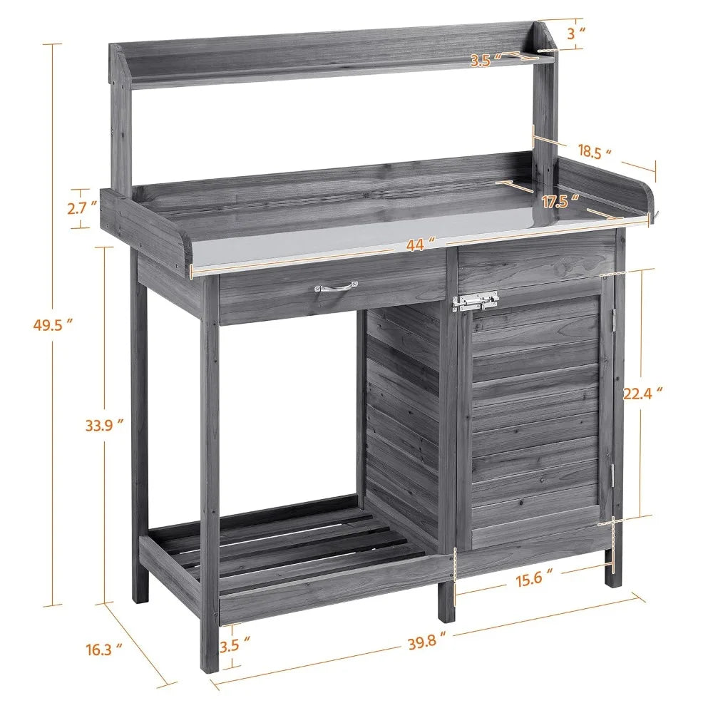 Outdoor Garden Workbench With Metal Tabletop And Drawers