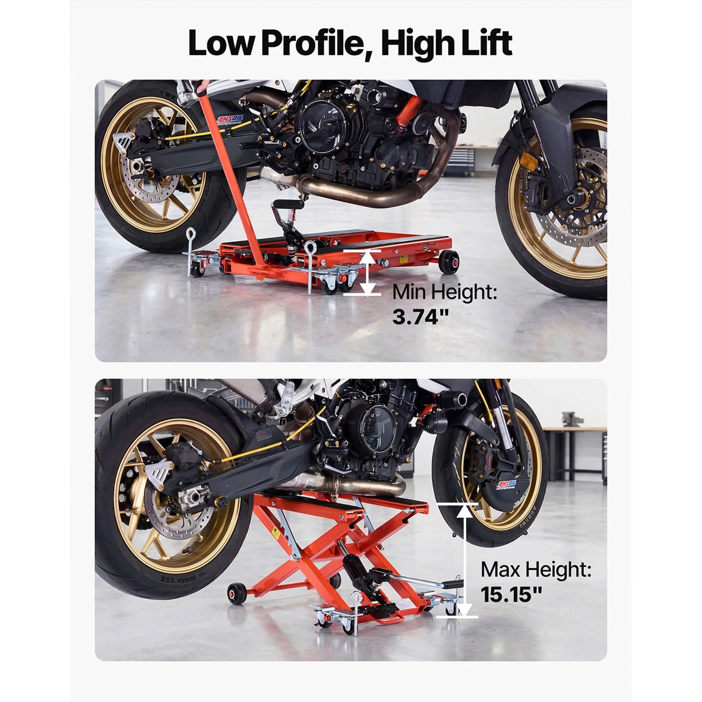 SucceBuy Hydraulic Motorcycle Lift Jack 1100/1500lbs Capacity with 4/6 Wheels Hydraulic Foot-Operated Hoist Stand for Dirt Bikes