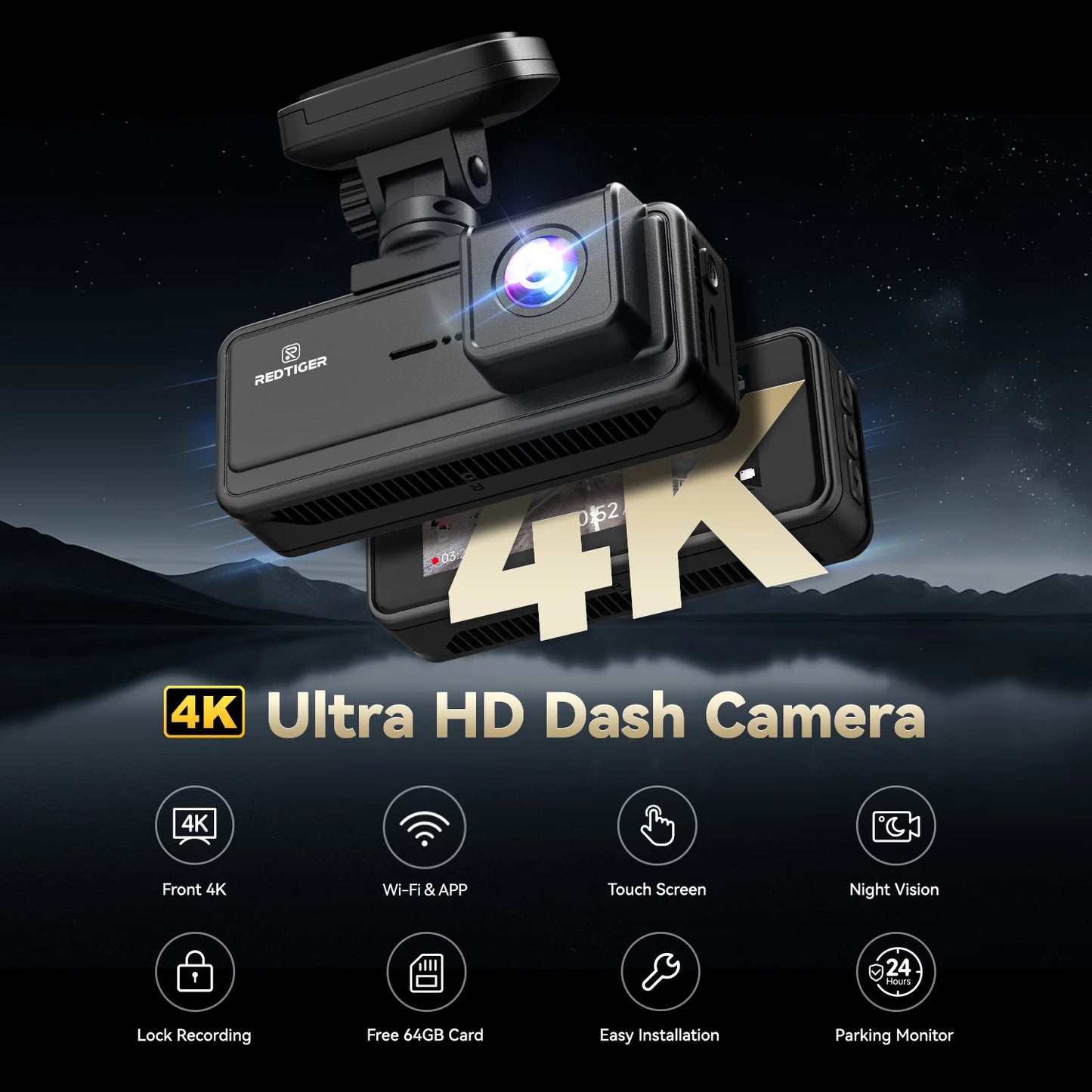 REDTIGER A8 4K Dual Dash Cam Front and Rear ADAS