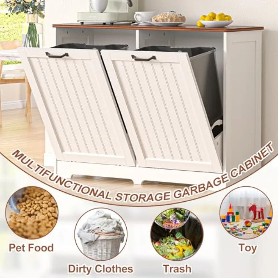 Tilt Out Trash Can Cabinet for 2 Bins Hidden Wooden Laundry Cabinet Dog Proof Recycle Garbage Can Cabinet for Kitchen Bathroom