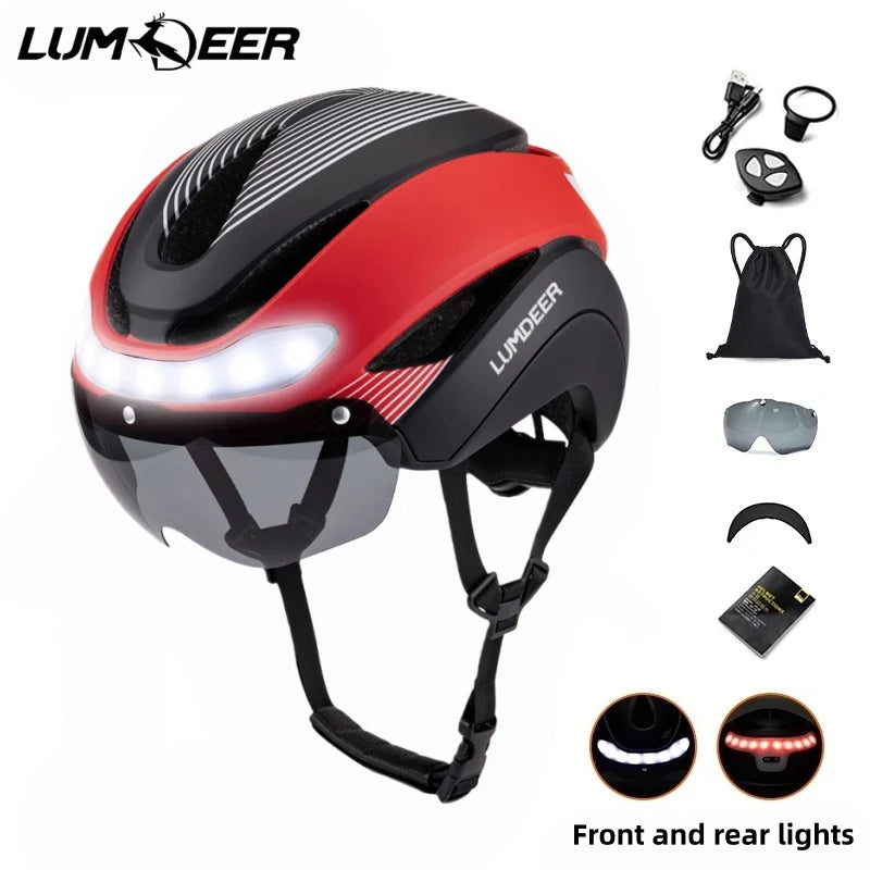 LUMDEER Road Bicycle Turn Signal Helmet With Magnetic Googles & Sun Visor  Ride Racing Ultralight Adult Road Bike Front And Rear