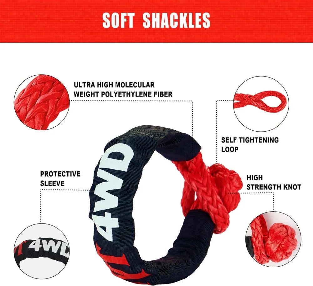 48,500 lbs Kinetic Recovery Rope 1in x 30ft with 2 Soft Shackles for Offroad SUV Truck ATV Towing