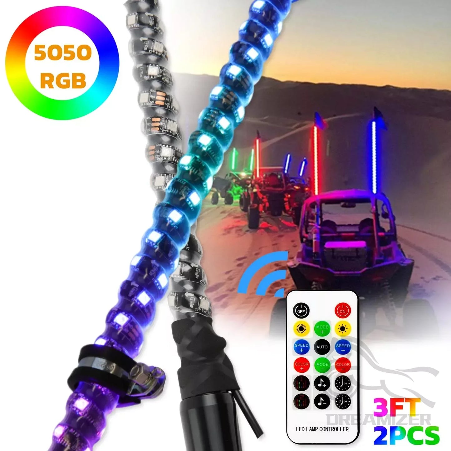 LED Whip Light With App Remote Control RGB Spiral Offroad