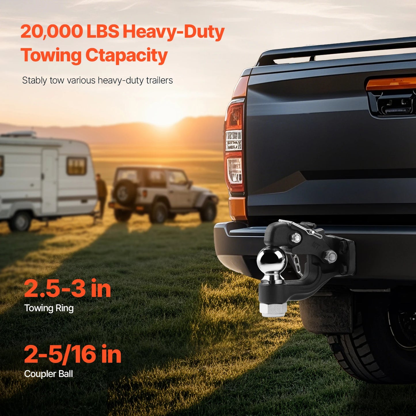 SucceBuy 20000/30000Lbs Pintle Hook Trailer Receiver Hooks Combination 2-5/16in Hitch Ball fits 2.5-3in Lunette Ring for Truck
