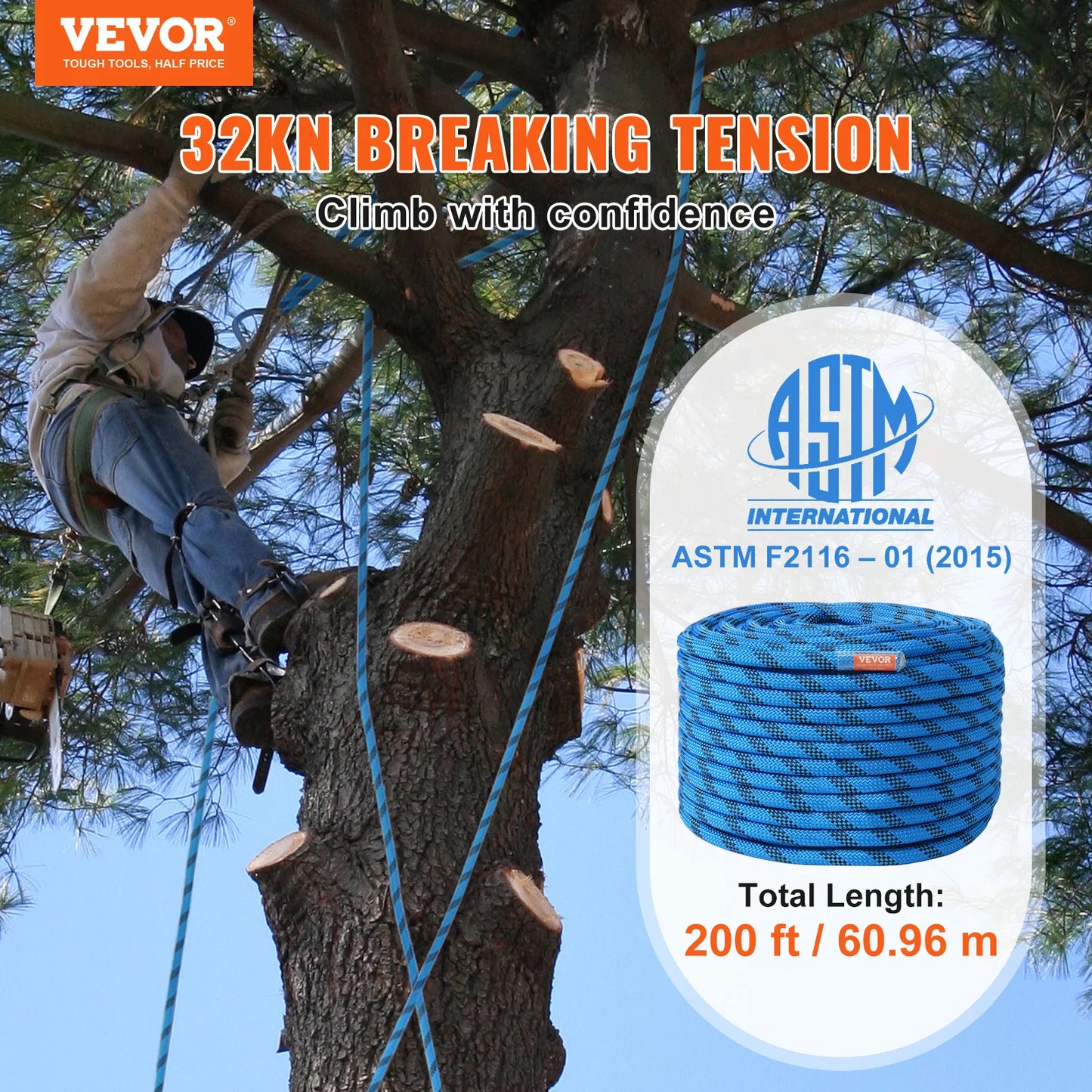 VEVOR Static Climbing Rope With Steel Snap Hooks 32 KN Break Strength