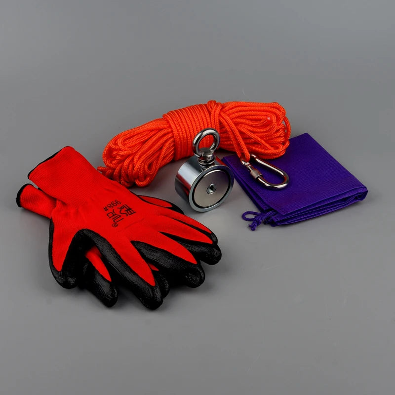 Double Sided 140/180/200KG Strong Magnets Power Round Magnetic Material Base Fishing Magnet Gloves Bag 15M Rope
