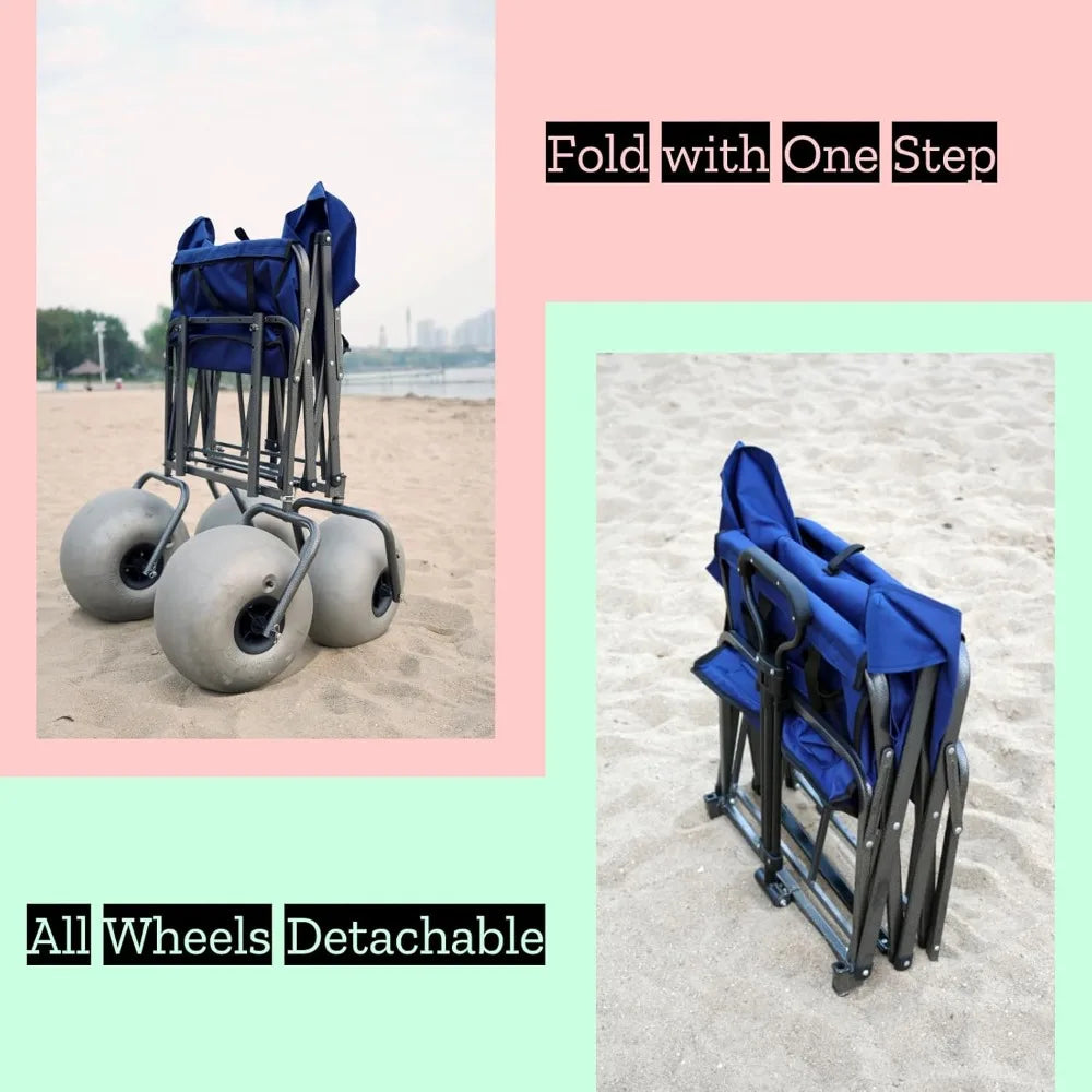 Beach Wagon with Balloon Wheels –13'' Big Inflatable Tires Glide on Soft Sand, Heavy Duty 300 lbs Capacity