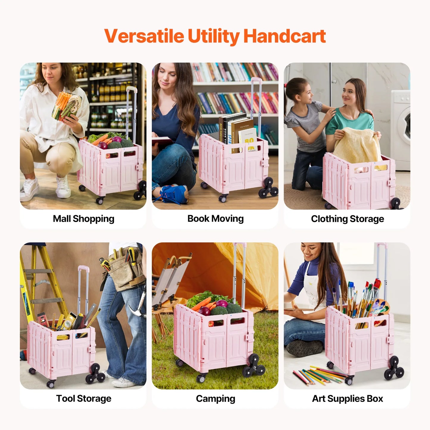 SucceBuy 150lbs Stair Climbing Cart Foldable Utility Hand Cart with Wheels Collapsible Crate Rolling Cart for Shopping Office