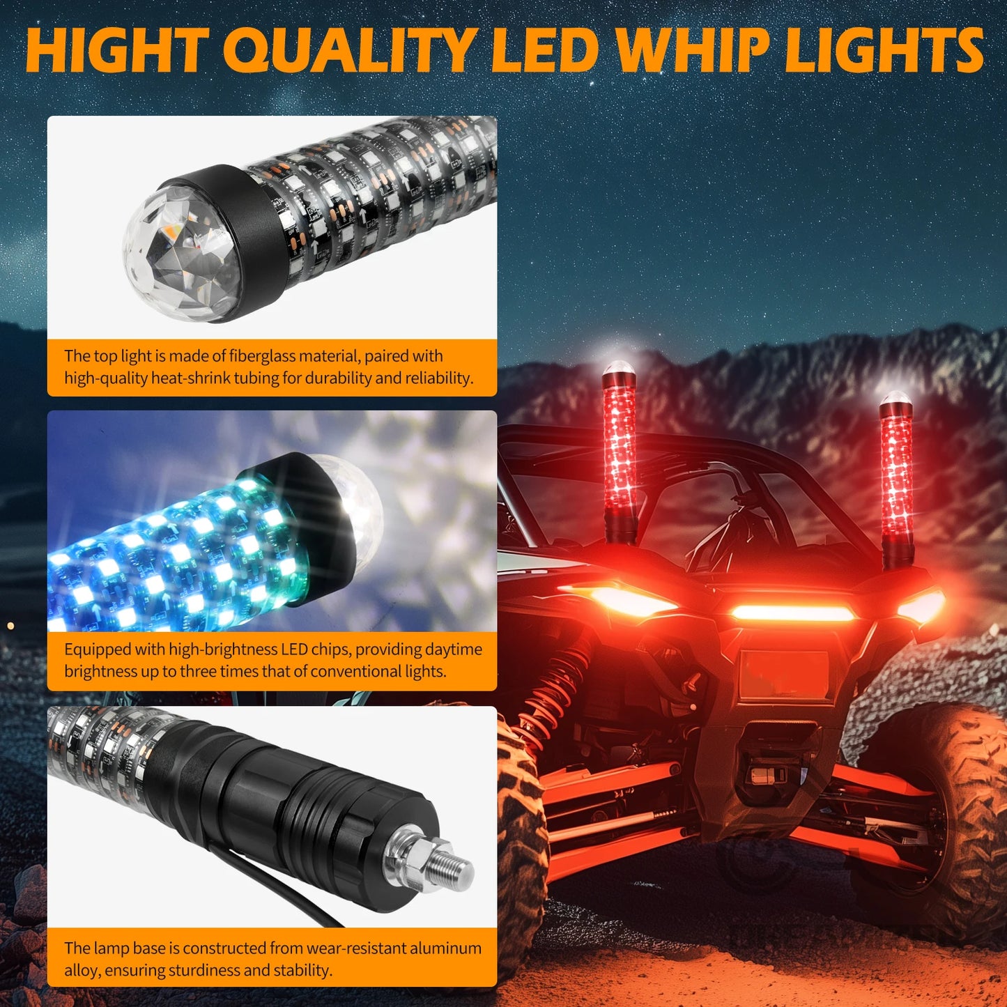 RGB LED Antennas With Warning Lights For Offroad UTV