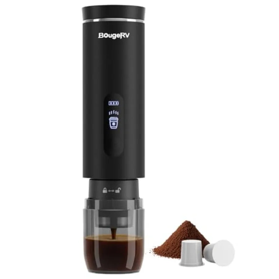 Portable drip coffee maker for travel, business trips, hotel, camping, office, outdoors; stainless steel body, black finish; he