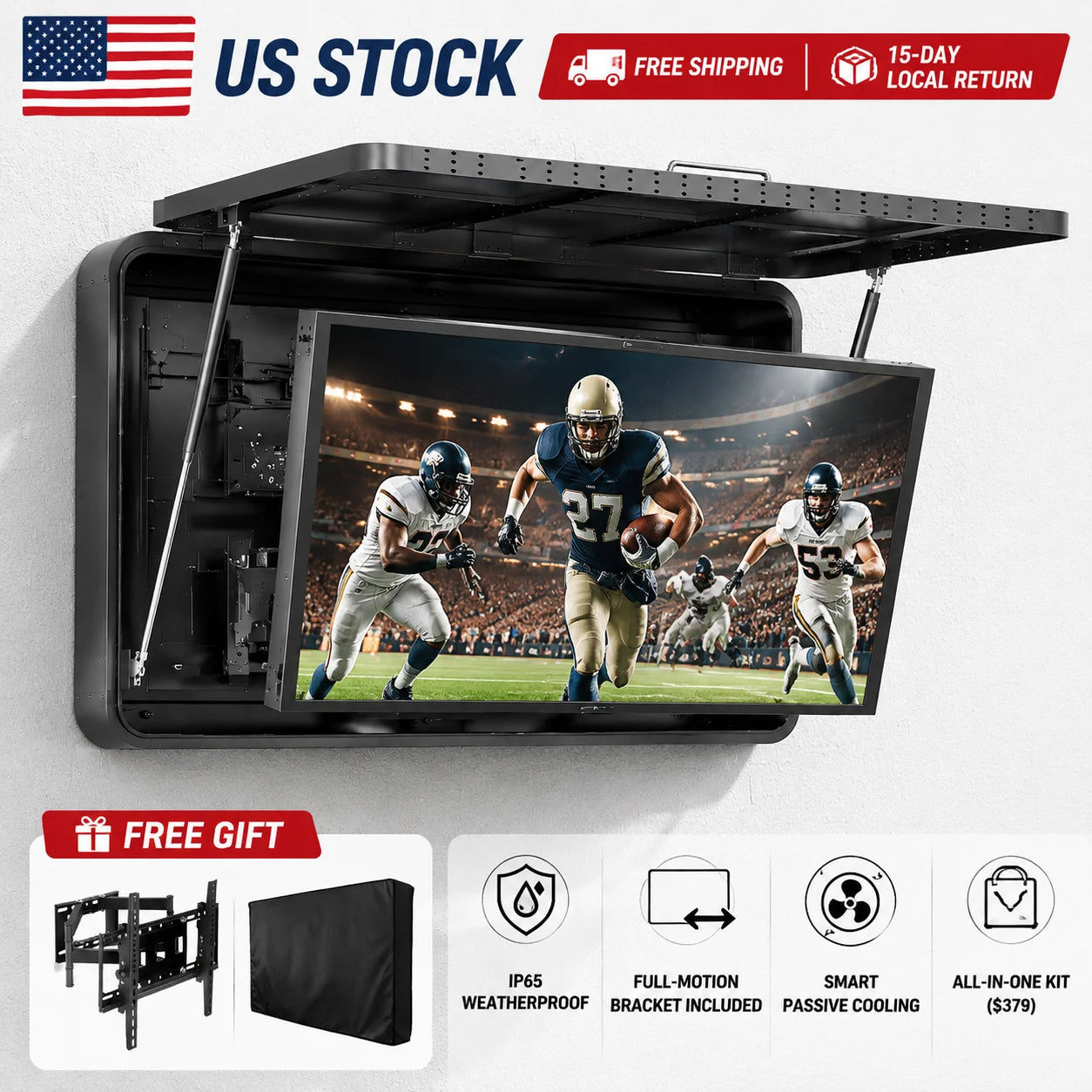 US Stock 55" Metal Outdoor TV Enclosure Weatherproof IP65 Shield Box Full Motion Pull-Out Bracket Included for Outside Patio