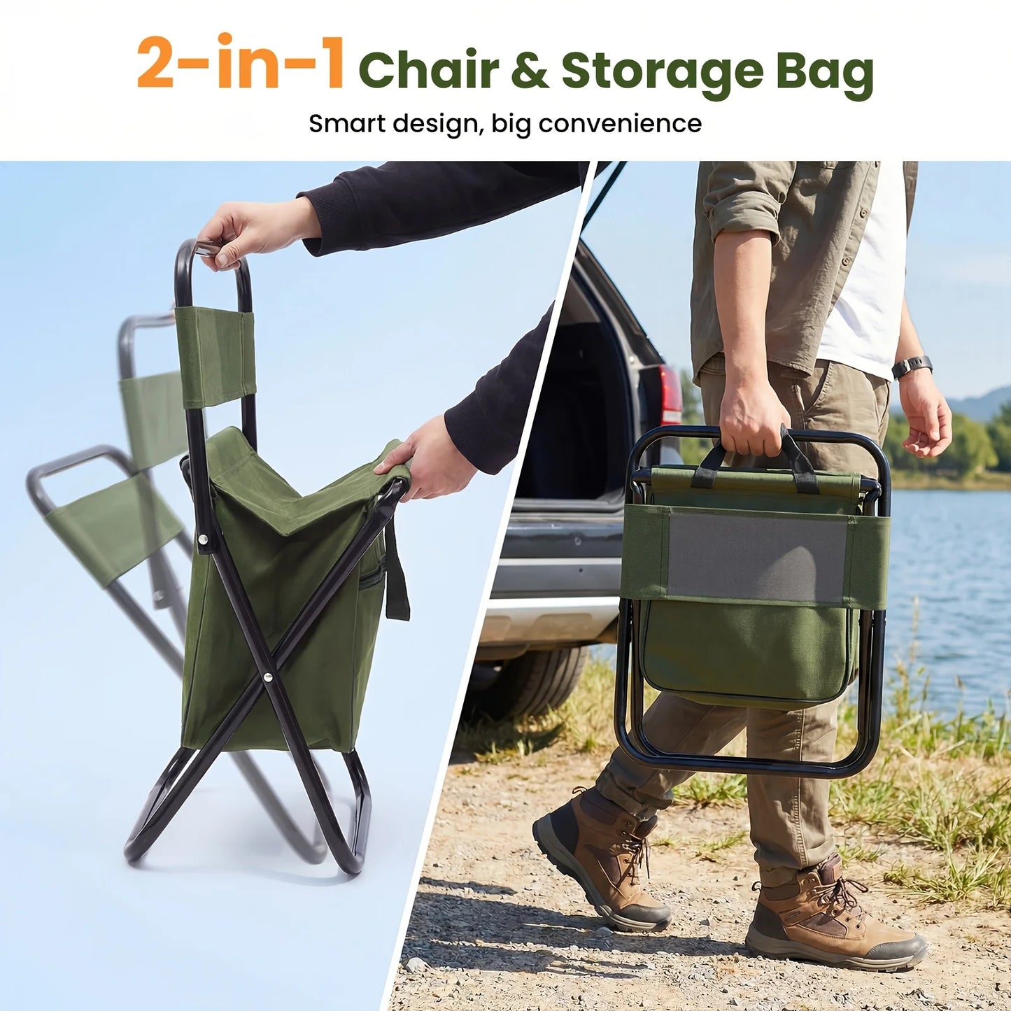 2 in 1 Camping Chair with Large Bag, Lightweight Folding Stool Heavy Duty 265Lbs for Outdoor Beach Hiking
