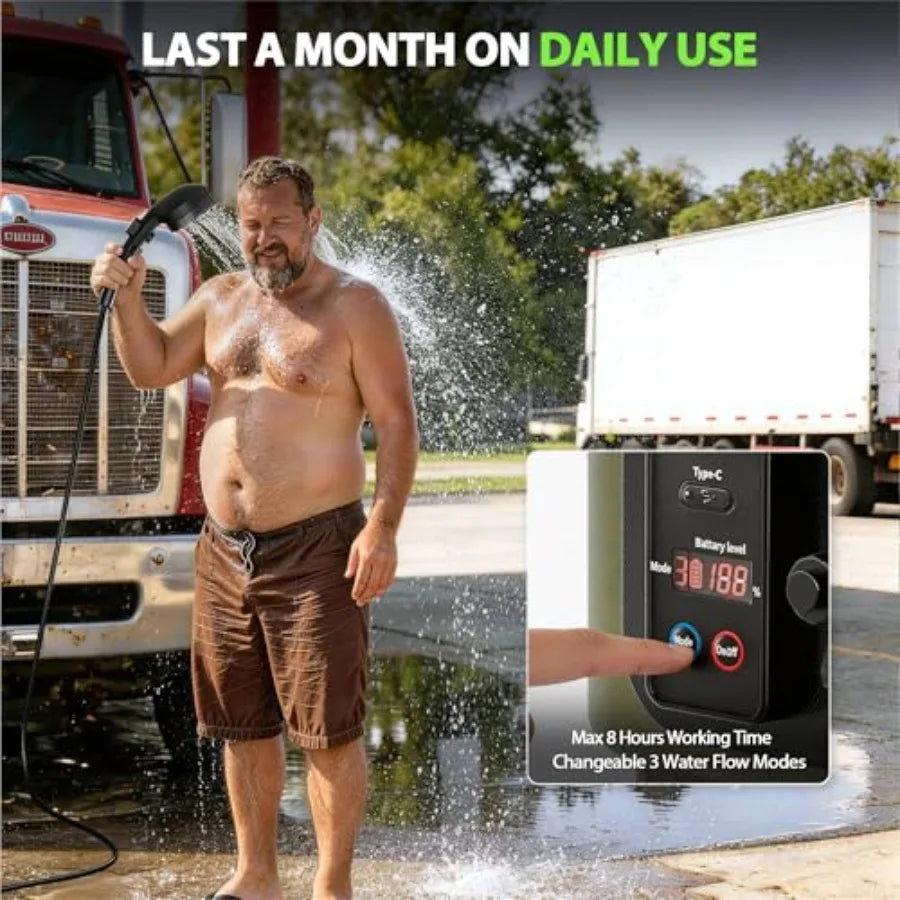 Camping portable shower: leak-proof electric cordless power unit with 5-gallon water tank, blue ABS plastic, max 8-hour runtime
