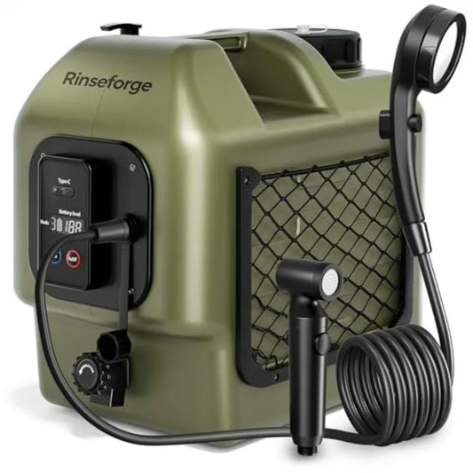 Camping portable shower: leak-proof electric cordless power unit with 5-gallon water tank, blue ABS plastic, max 8-hour runtime