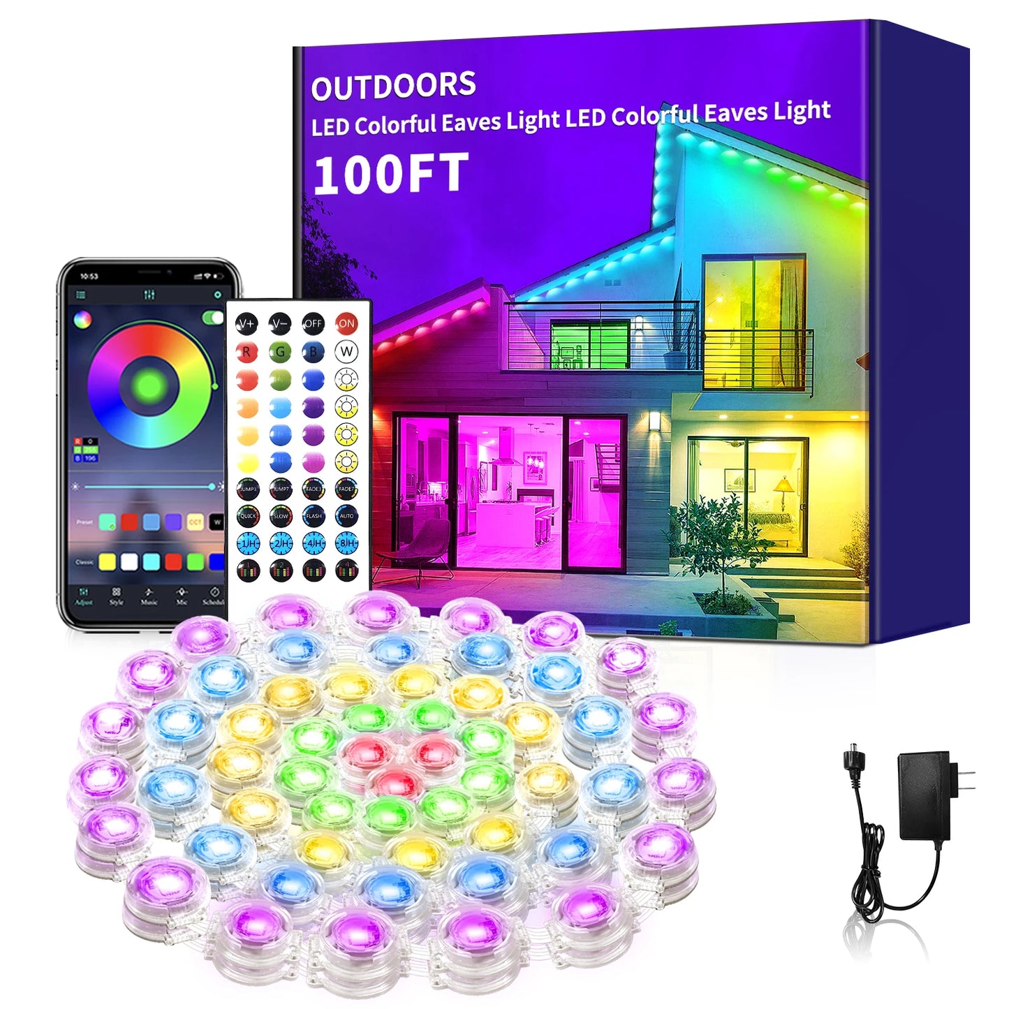 300ft Permanent Outdoor Light,RGB Eaves Lights with App Control Remote,DIY IP67 Waterproof Under Eave Lighting,Outside led Light