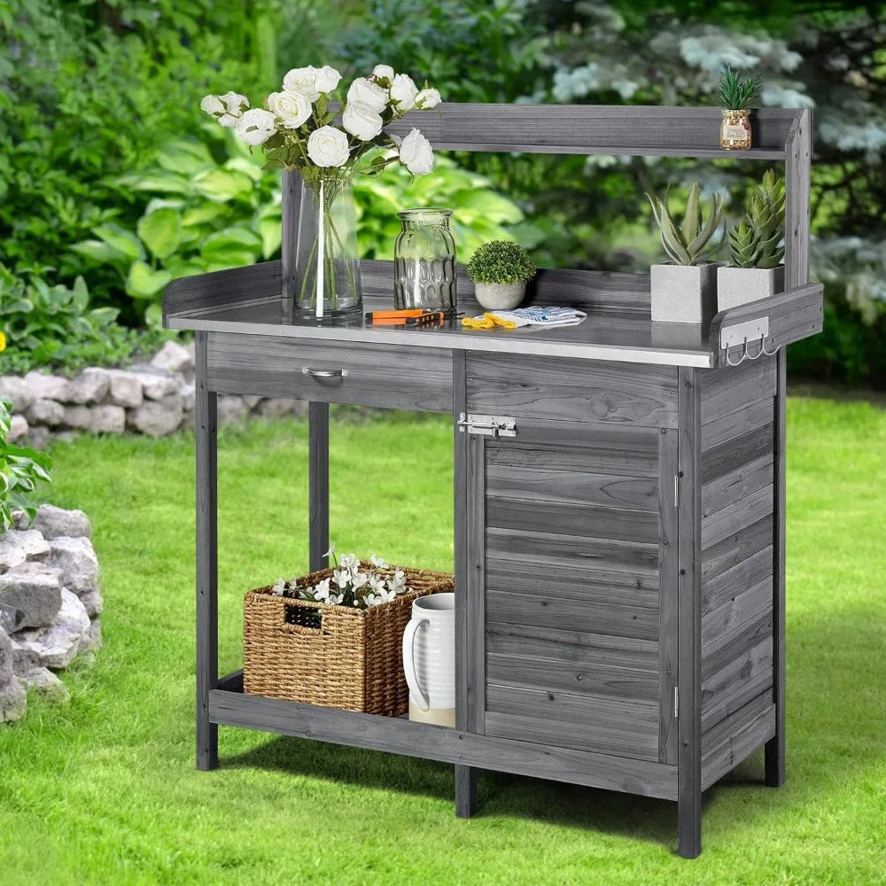 Outdoor Garden Workbench With Metal Tabletop And Drawers