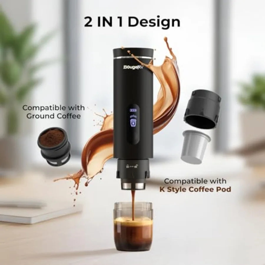 Portable drip coffee maker for travel, business trips, hotel, camping, office, outdoors; stainless steel body, black finish; he