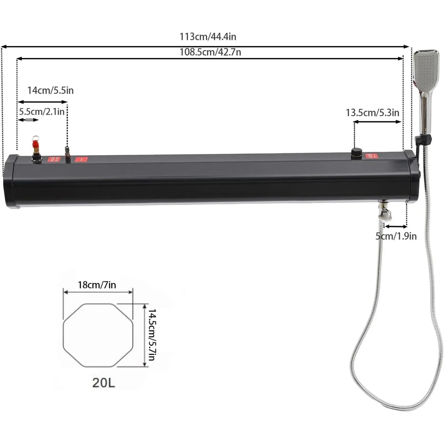 8-Gallon Roof Rack Mounted Camping Shower with Pressurized Water Tank, including 5.58 ft Hose and Shower Head (30L/7.93 Gal)