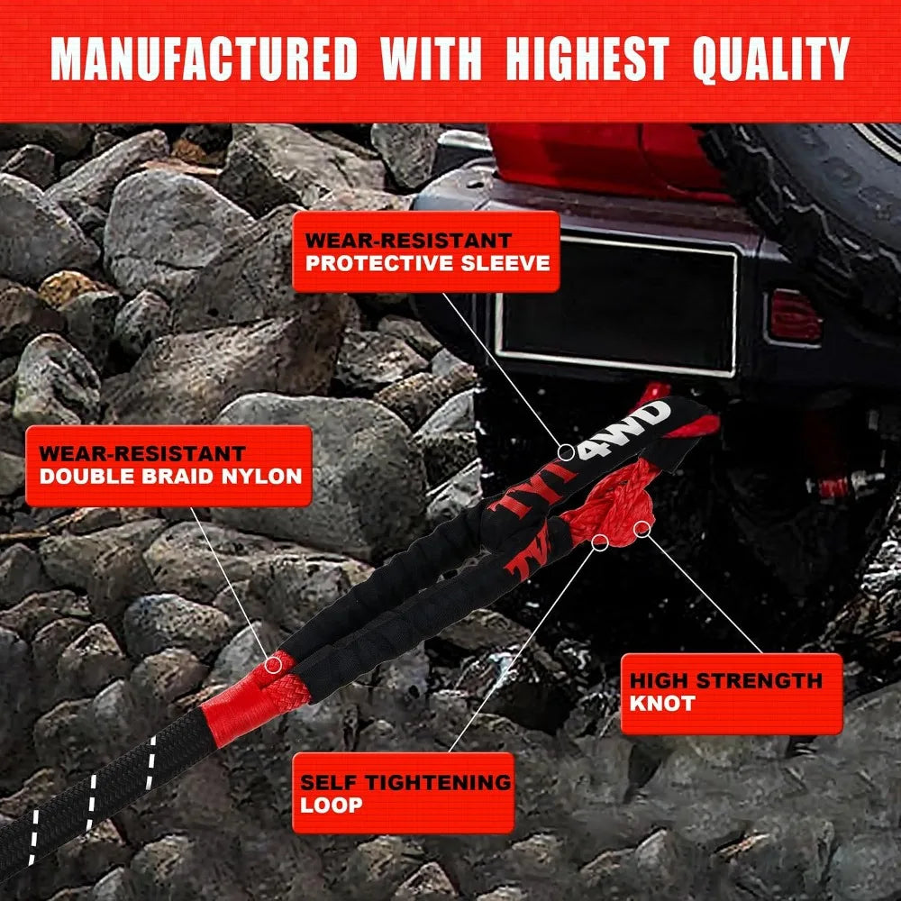 48,500 lbs Kinetic Recovery Rope 1in x 30ft with 2 Soft Shackles for Offroad SUV Truck ATV Towing