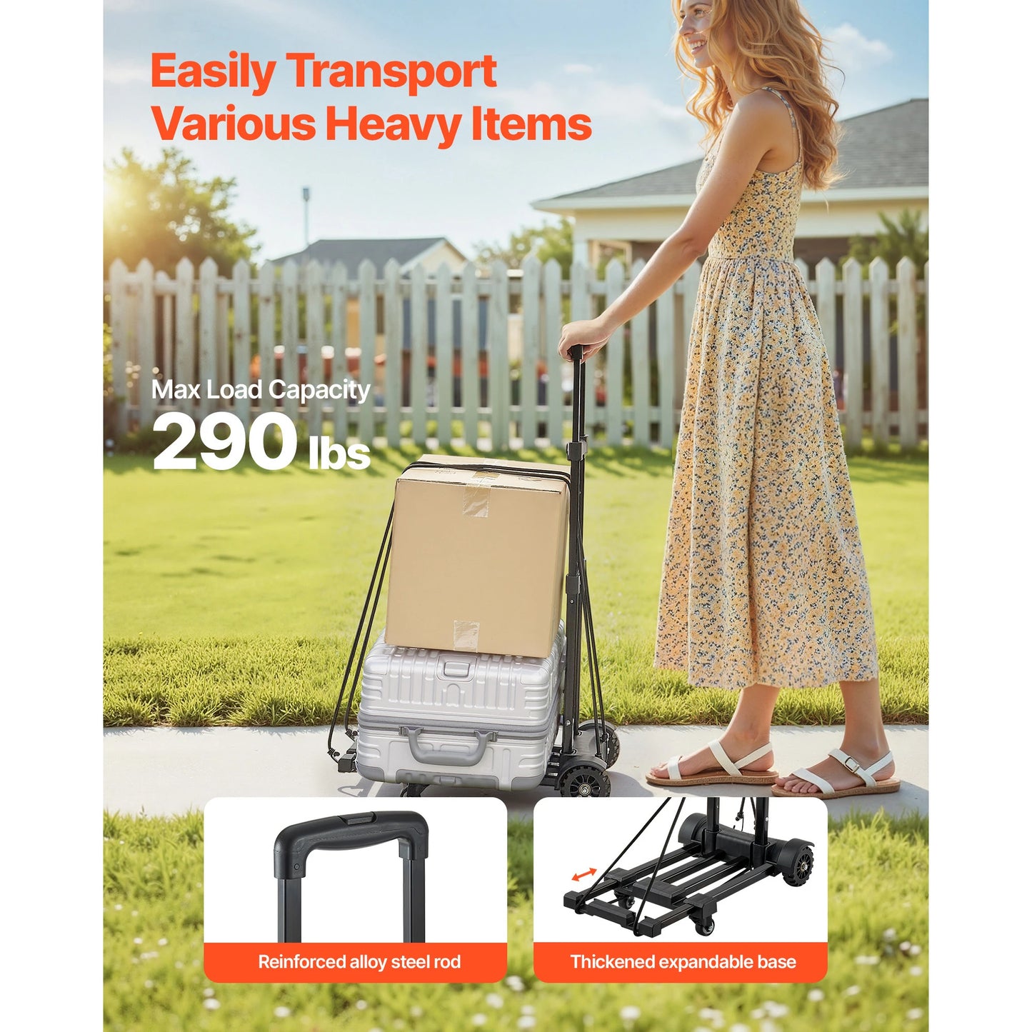 SucceBuy 290LBS Folding Hand Truck Collapsible Luggage Cart with 4 Wheels & Expandable Base Platform Dolly for Cargo Moving