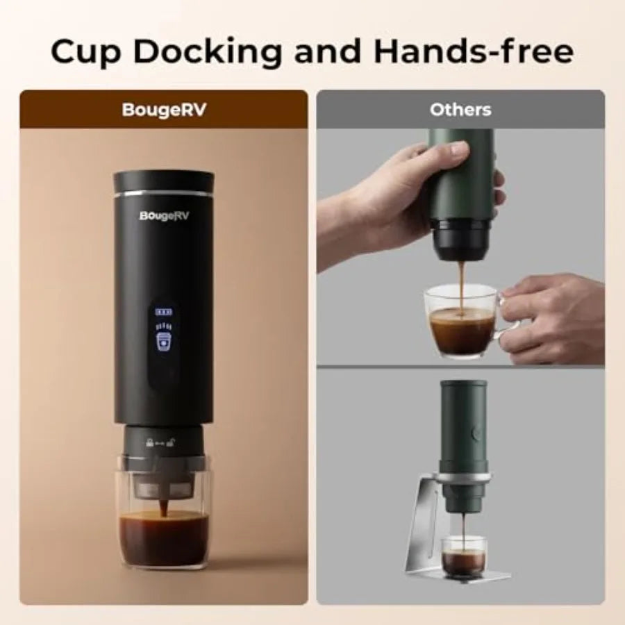 Portable drip coffee maker for travel, business trips, hotel, camping, office, outdoors; stainless steel body, black finish; he