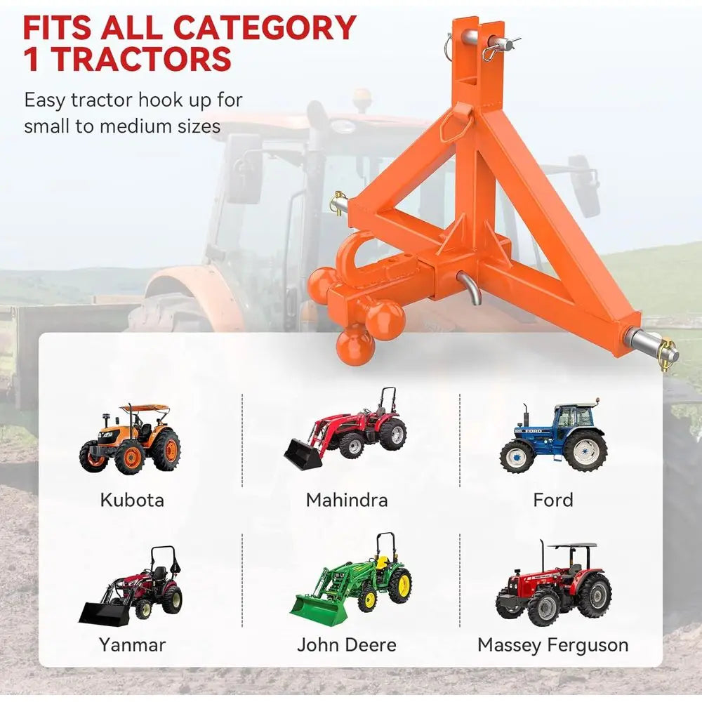 2 Trailer Hitch Receiver and Towing Ball Hitch with Hook Heavy Duty Tractor Drawbar 3 Pt Quick Hitch Attachment for Category 1 S