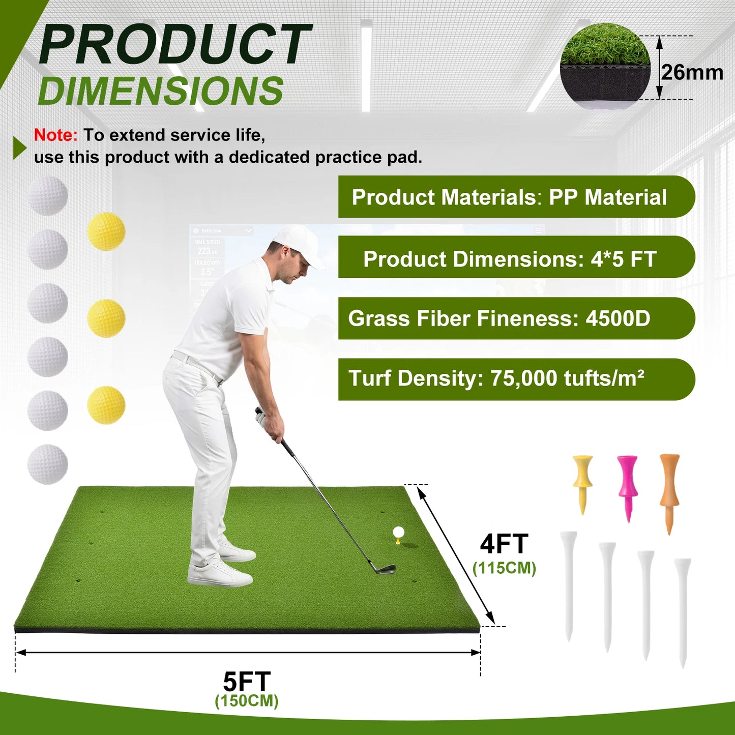 5x4ft Golf Hitting Mat with Balls and Tees Complete Practice Training Aid for Outdoor Indoor Use Heavy Duty Artificial Turf for Backyard Chipping Garage Driving Range Simulator Shock Absorbing Anti Slip Base