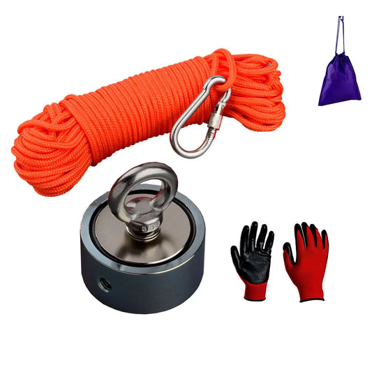 Double Sided 140/180/200KG Strong Magnets Power Round Magnetic Material Base Fishing Magnet Gloves Bag 15M Rope